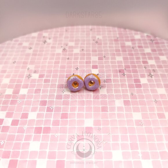 Handmade Polymer Clay Donut Stud Earrings w/ Lavender Icing & Glitter Sprinkles - Picture 2 of 4